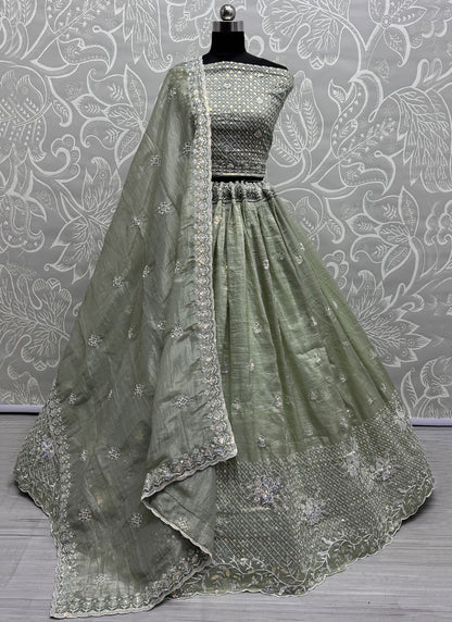 Embroidered Crush Green Lehenga - L3411