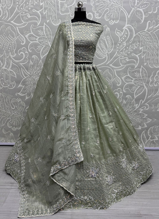 Embroidered Crush Green Lehenga - L3411