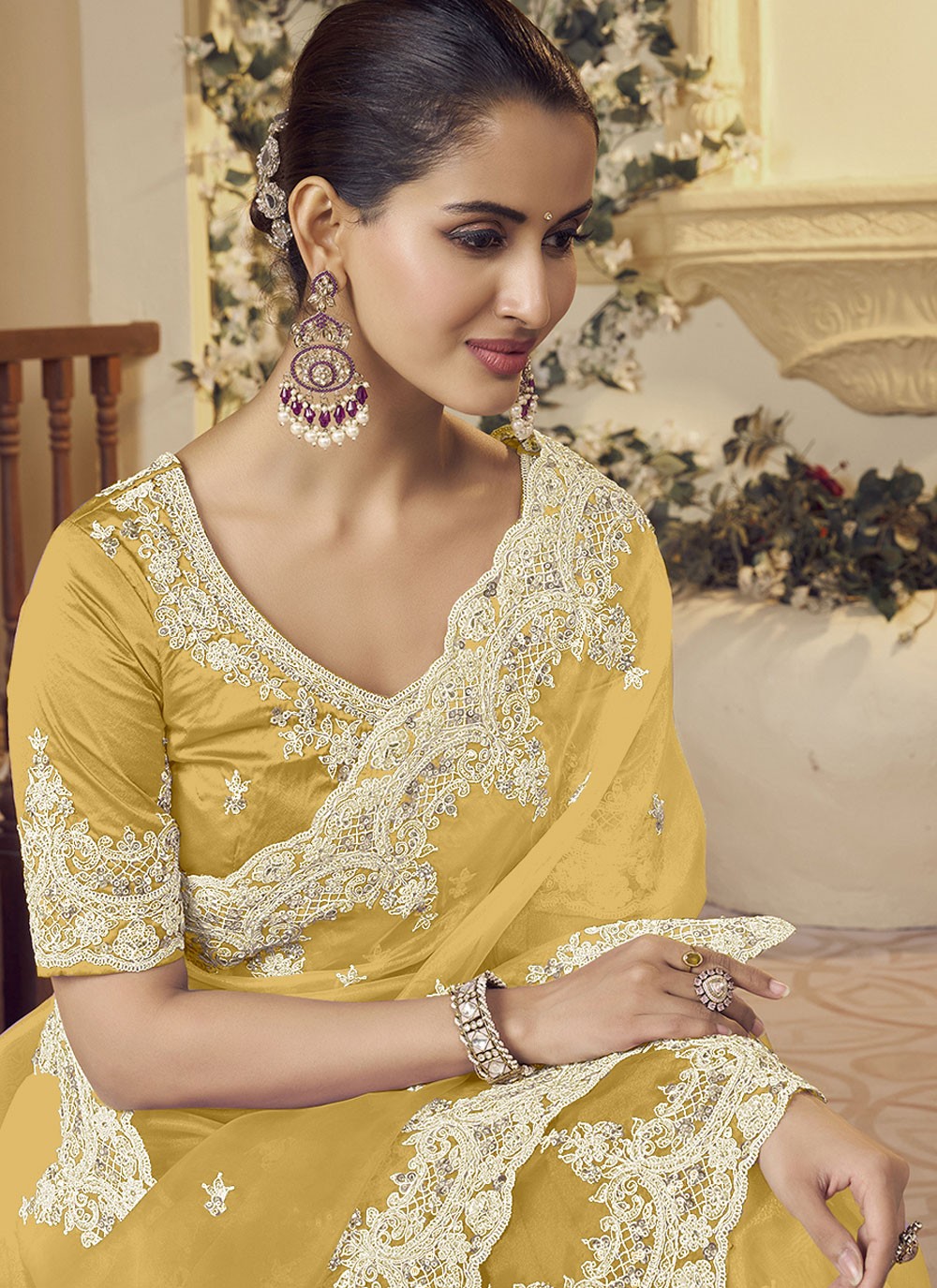 Designer Embroidered Yellow Fancy Fabric S12379