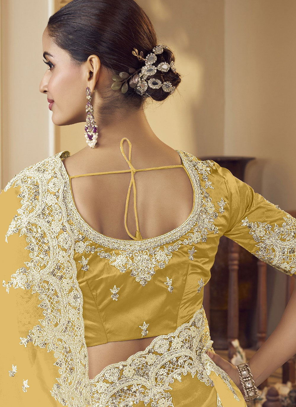 Designer Embroidered Yellow Fancy Fabric Saree S12379