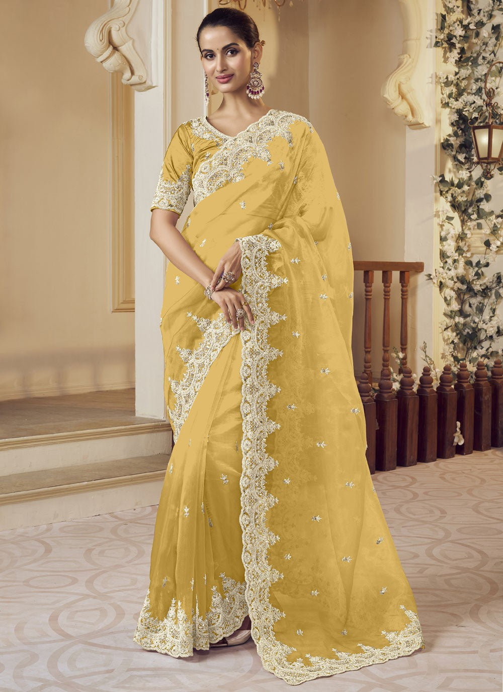 Designer Embroidered Yellow Fancy Fabric Saree S12379