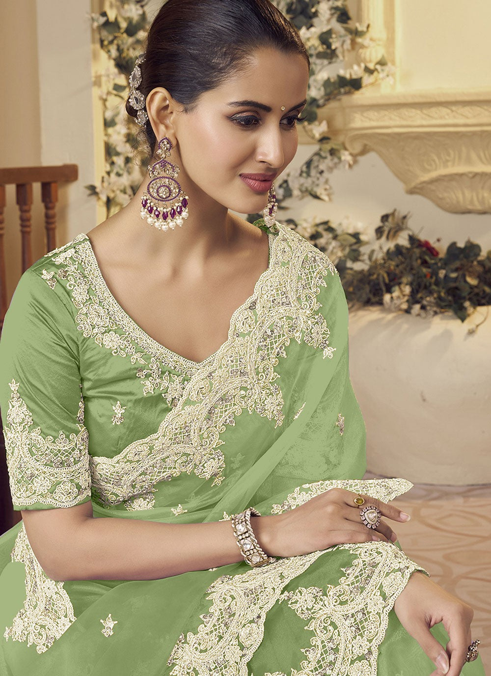 Trendy Saree Embroidered Green Fancy Fabric Saree S12377