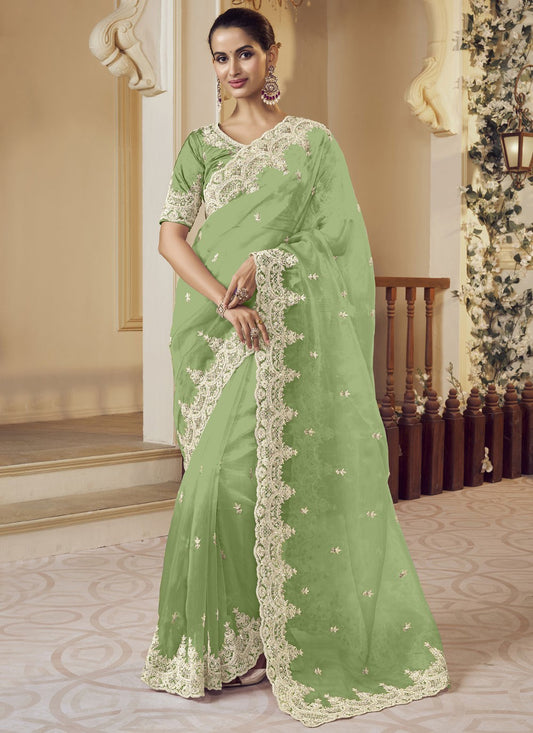 Trendy Saree Embroidered Green Fancy Fabric S12377