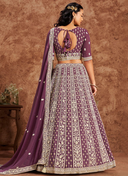 Embroidered Faux Georgette Purple Lehenga - L3230