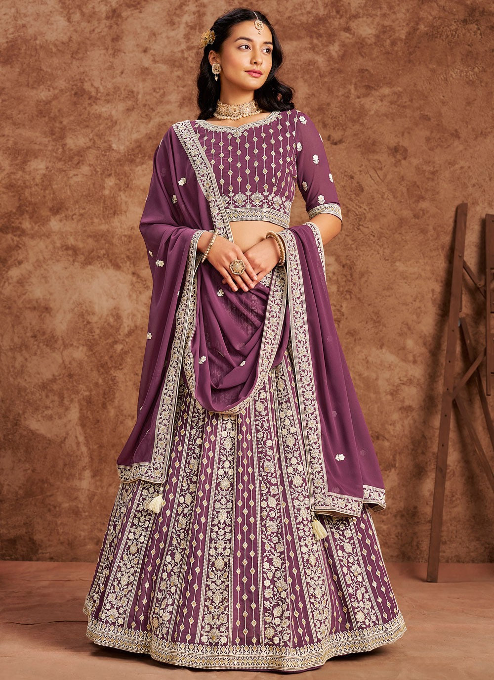 Embroidered Faux Georgette Purple Lehenga - L3230