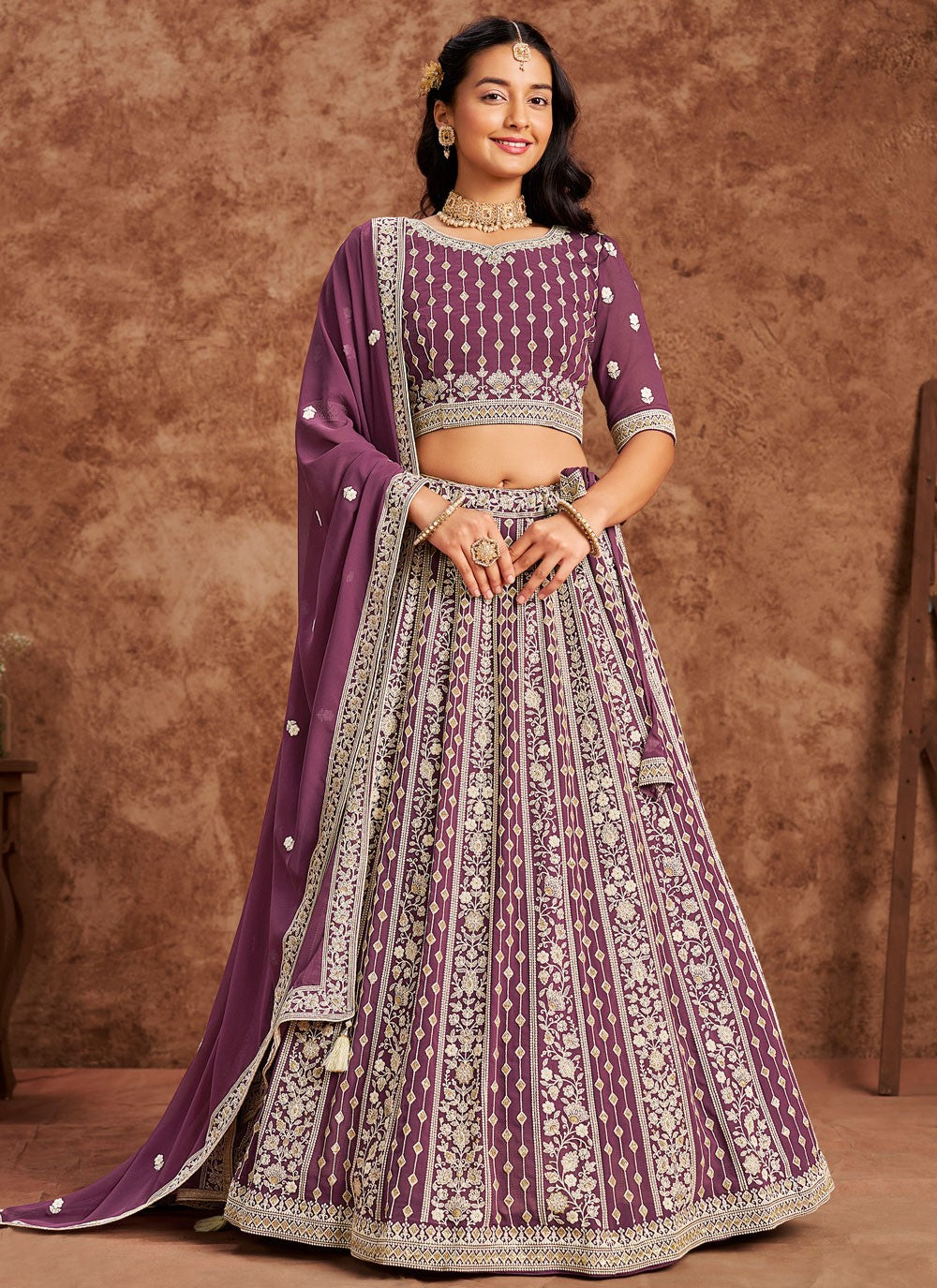 Embroidered Faux Georgette Purple Lehenga - L3230