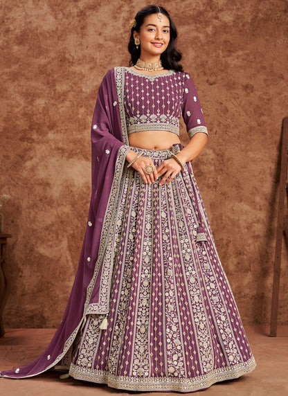 Embroidered Faux Georgette Purple Lehenga - L3230