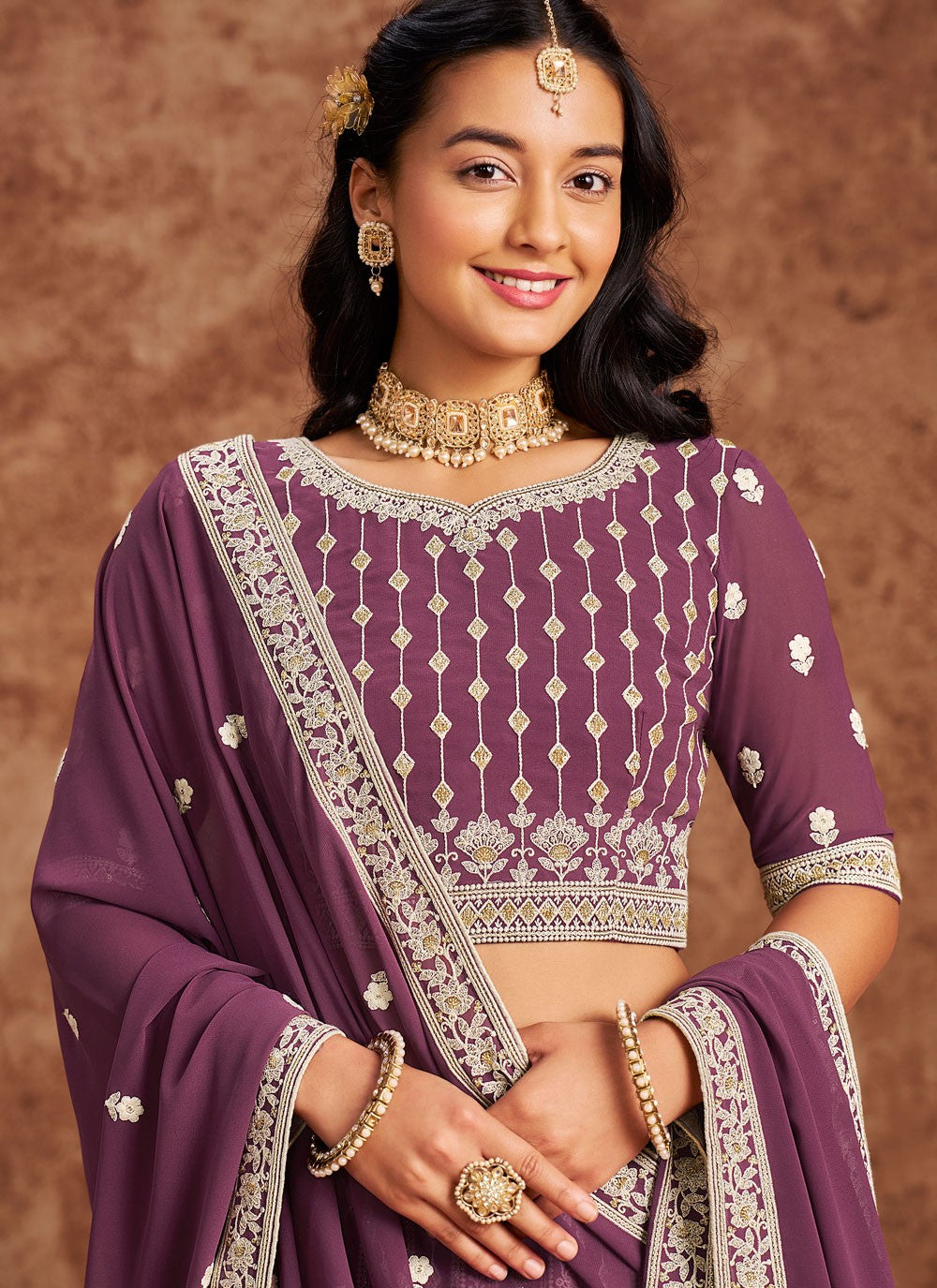 Embroidered Faux Georgette Purple Lehenga - L3230
