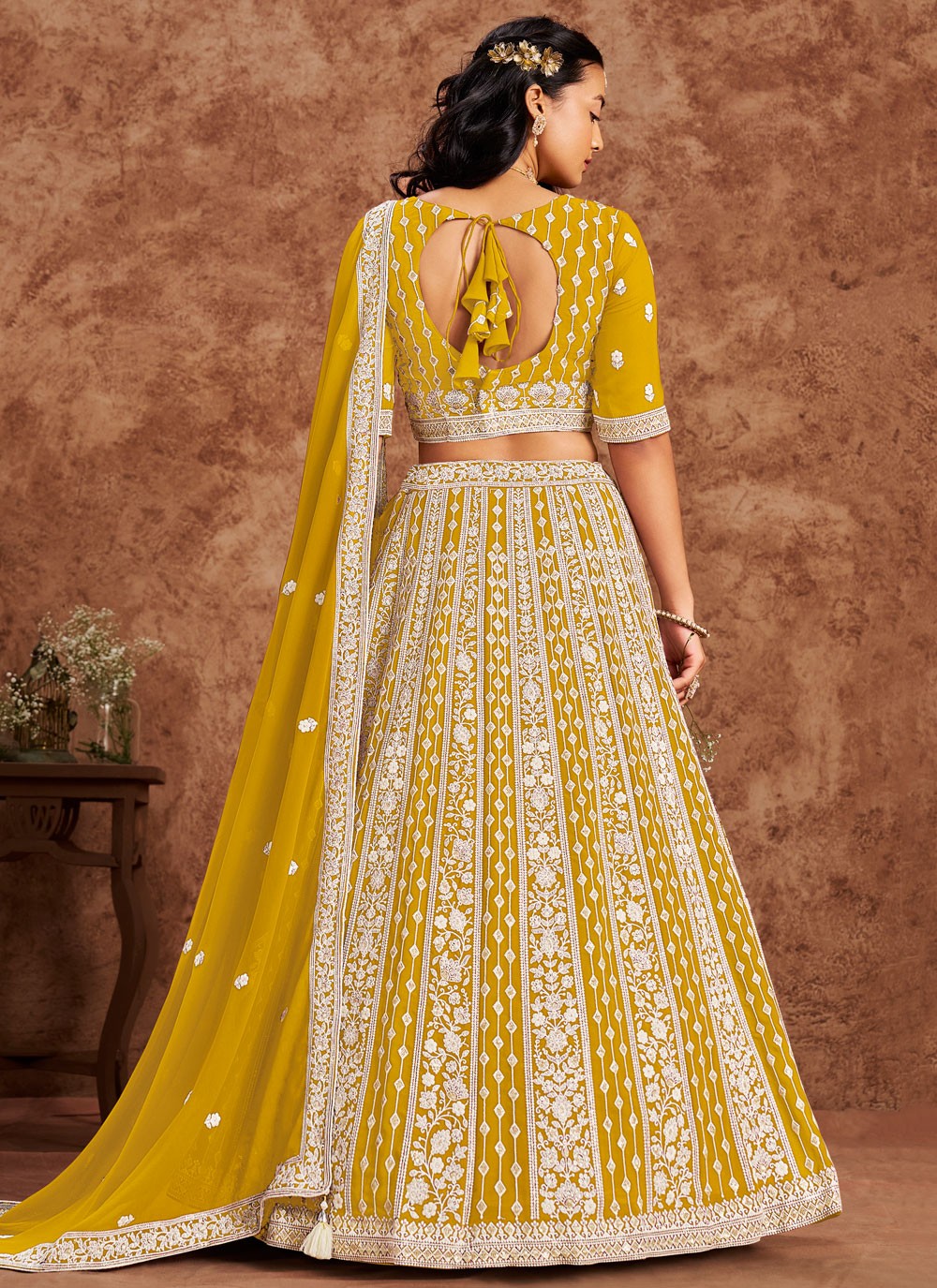 Embroidered Faux Georgette Yellow Lehenga - L3229