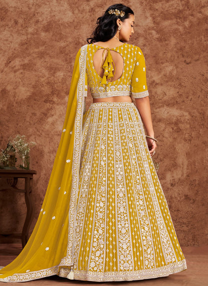 Embroidered Faux Georgette Yellow Lehenga - L3229