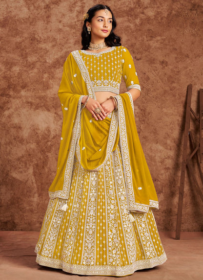 Embroidered Faux Georgette Yellow Lehenga - L3229