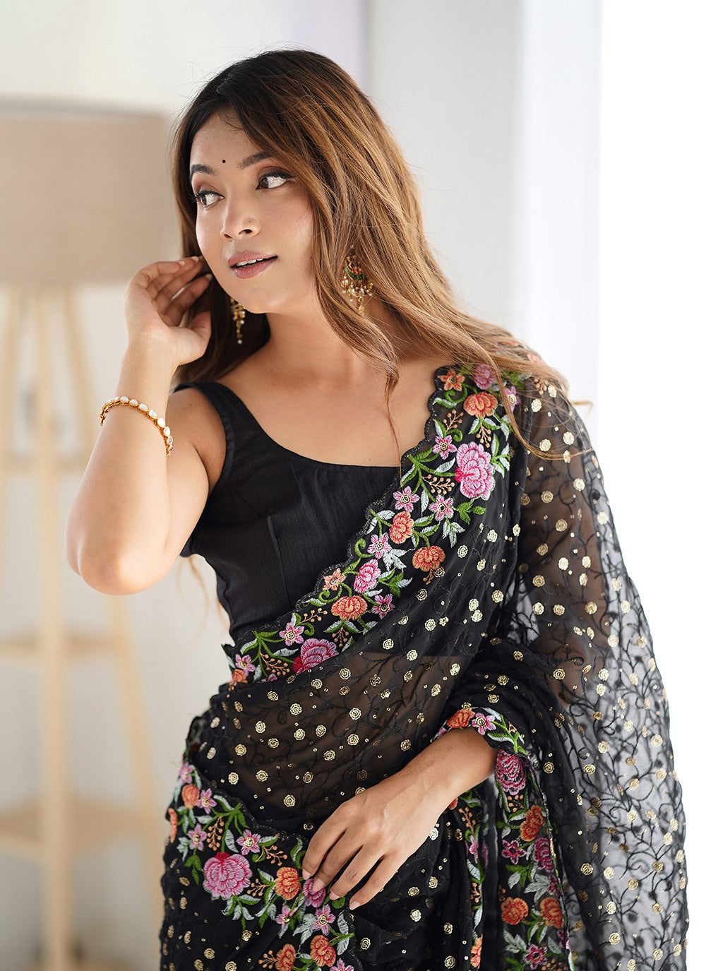Contemporary Embroidered Black Georgette S12363