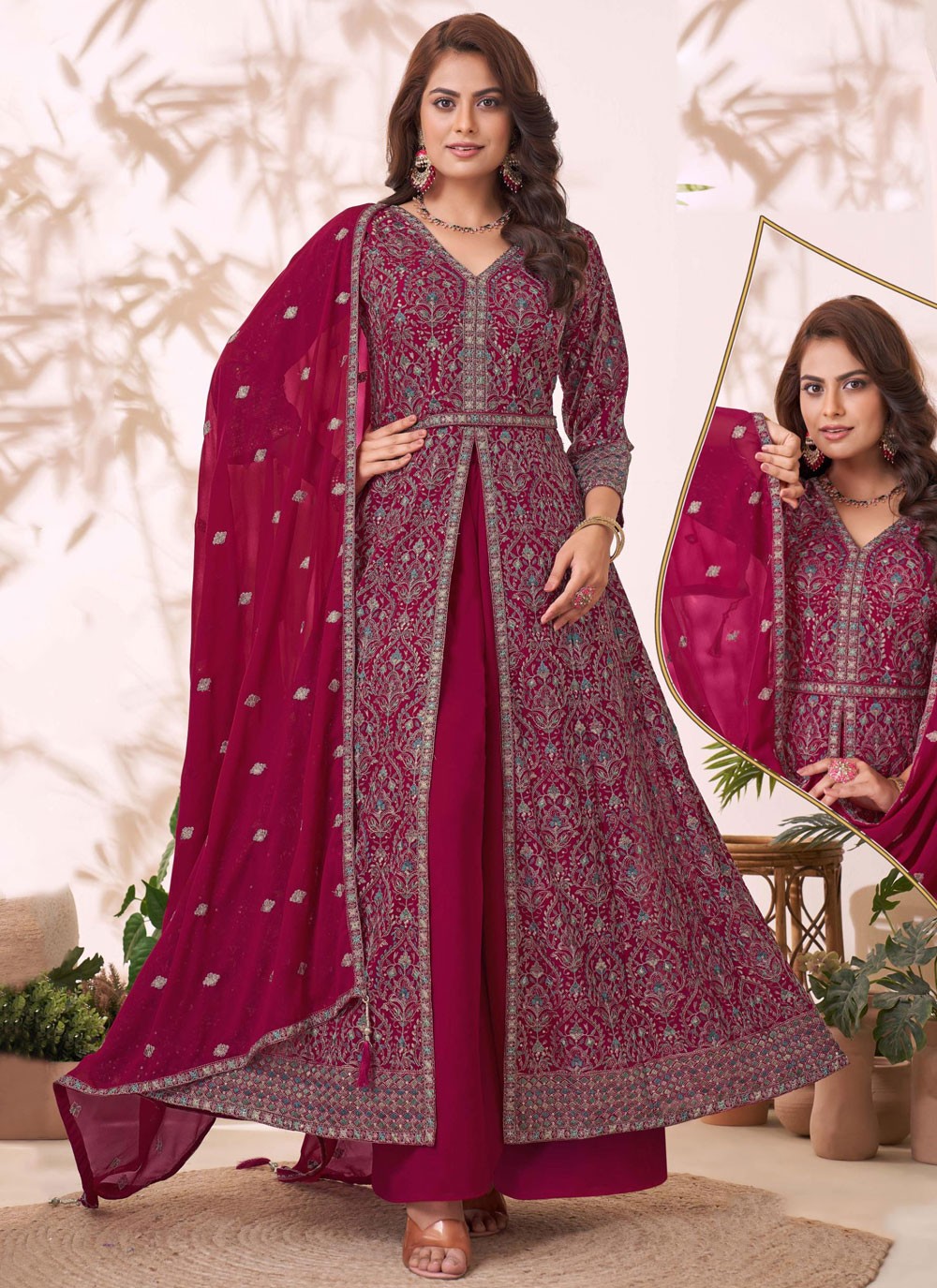 Anarkali Embroidered, Thread Hot Pink T7773