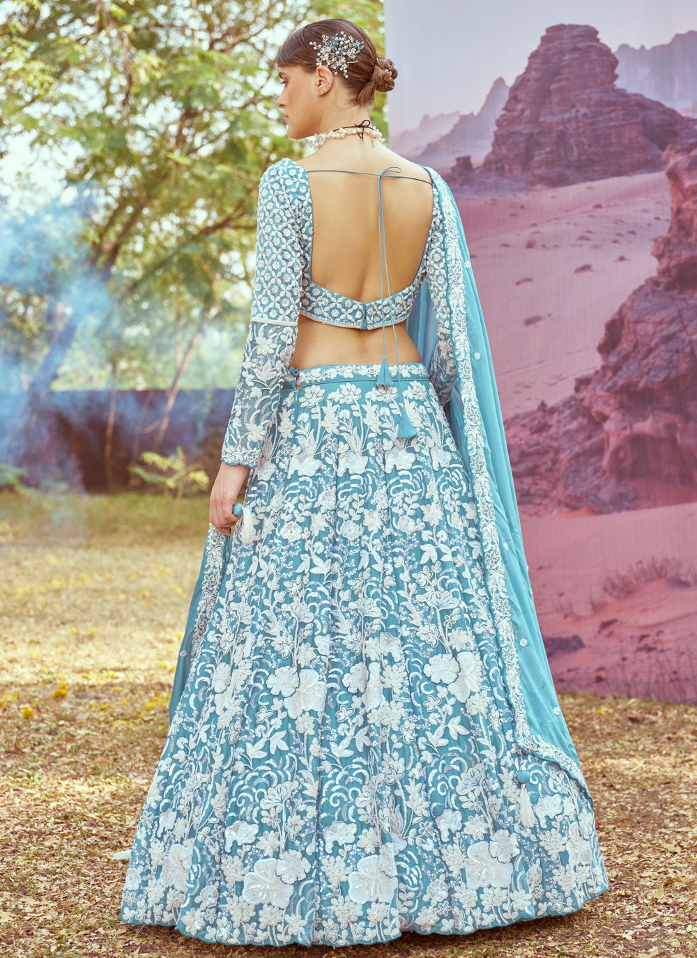 Embroidered Georgette Aqua Blue Lehenga - L3348