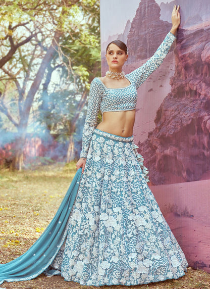 Embroidered Georgette Aqua Blue Lehenga - L3348