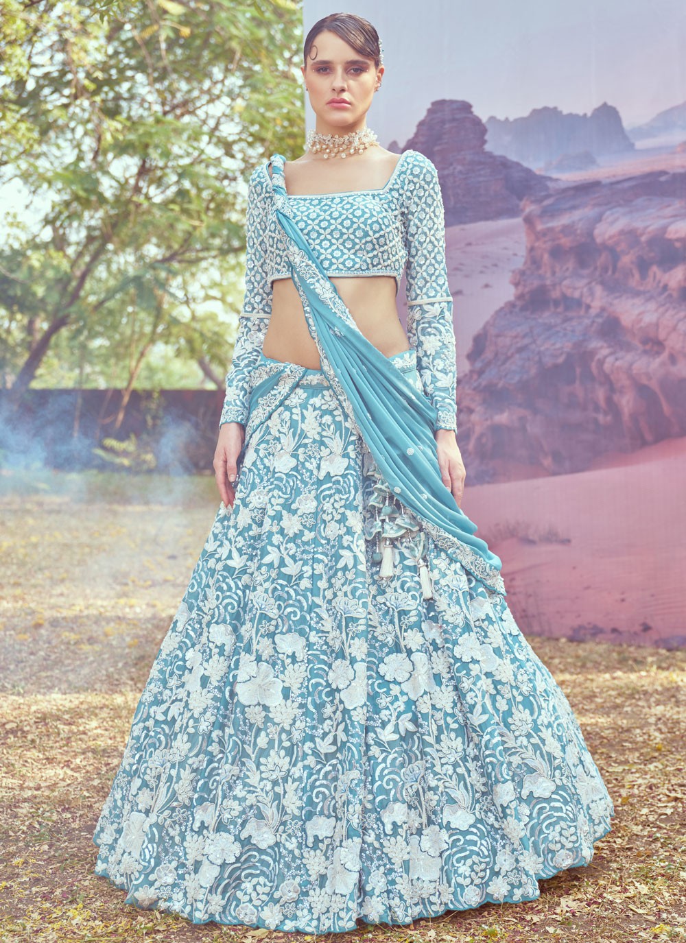 Embroidered Georgette Aqua Blue Lehenga - L3348