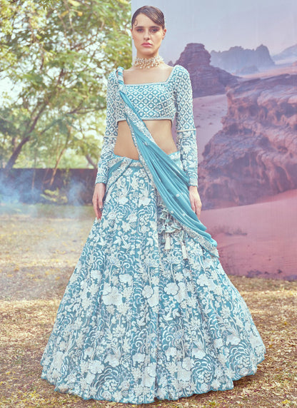 Embroidered Georgette Aqua Blue Lehenga - L3348