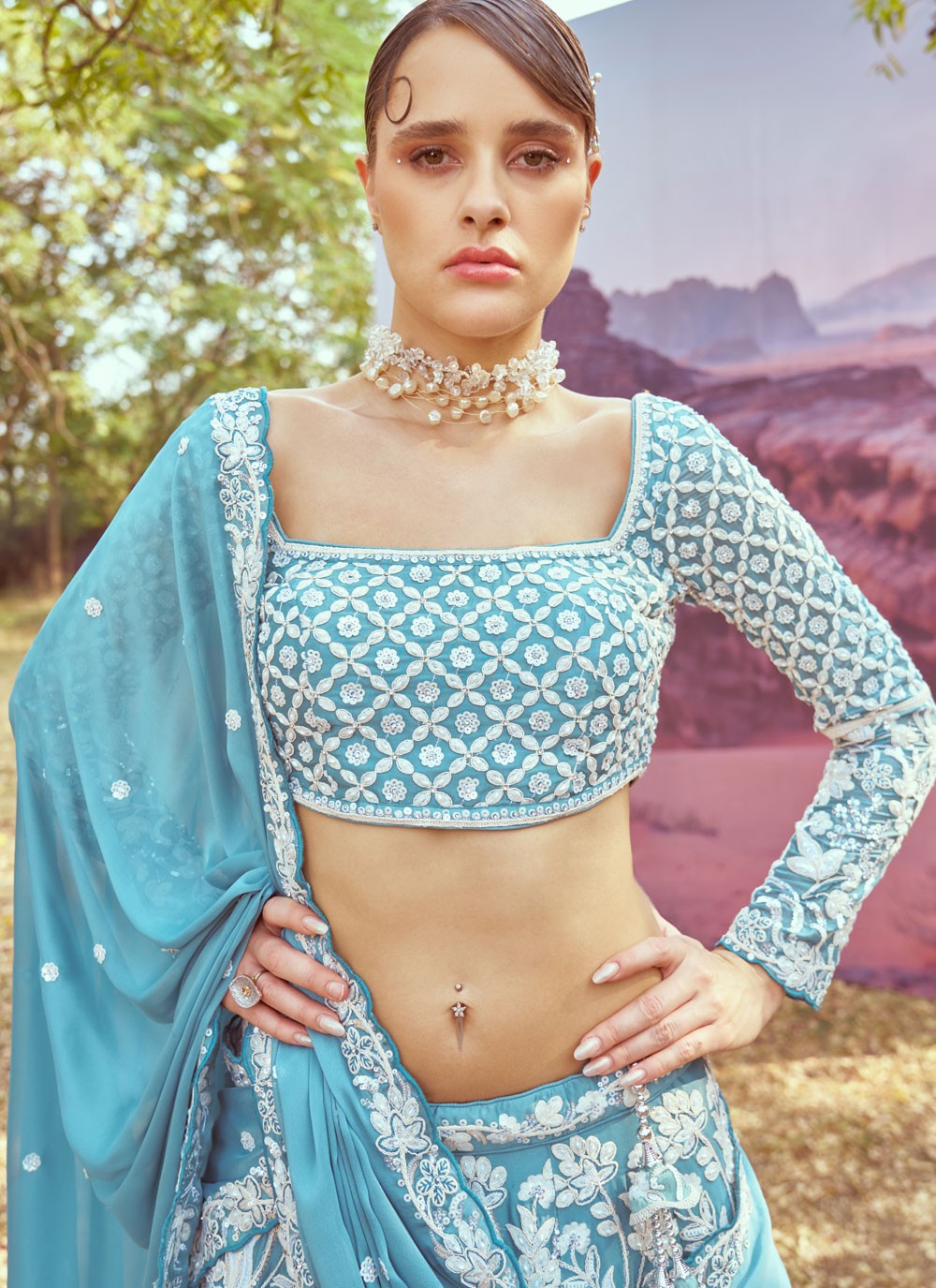 Embroidered Georgette Aqua Blue Lehenga - L3348