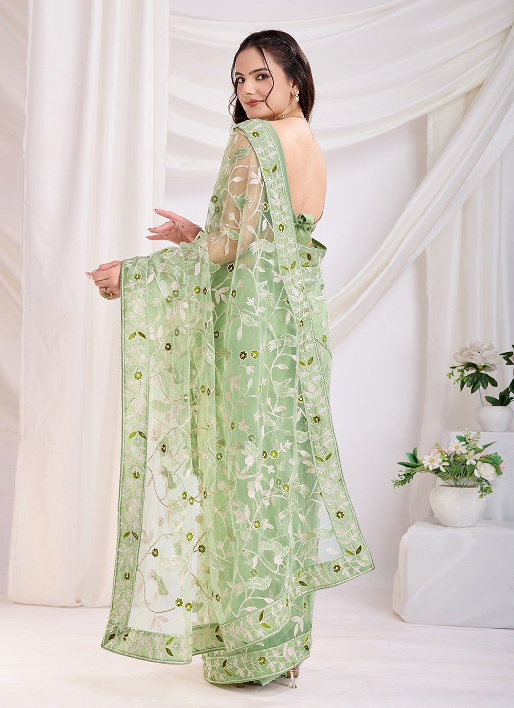 Embroidered Net Green Saree S13802
