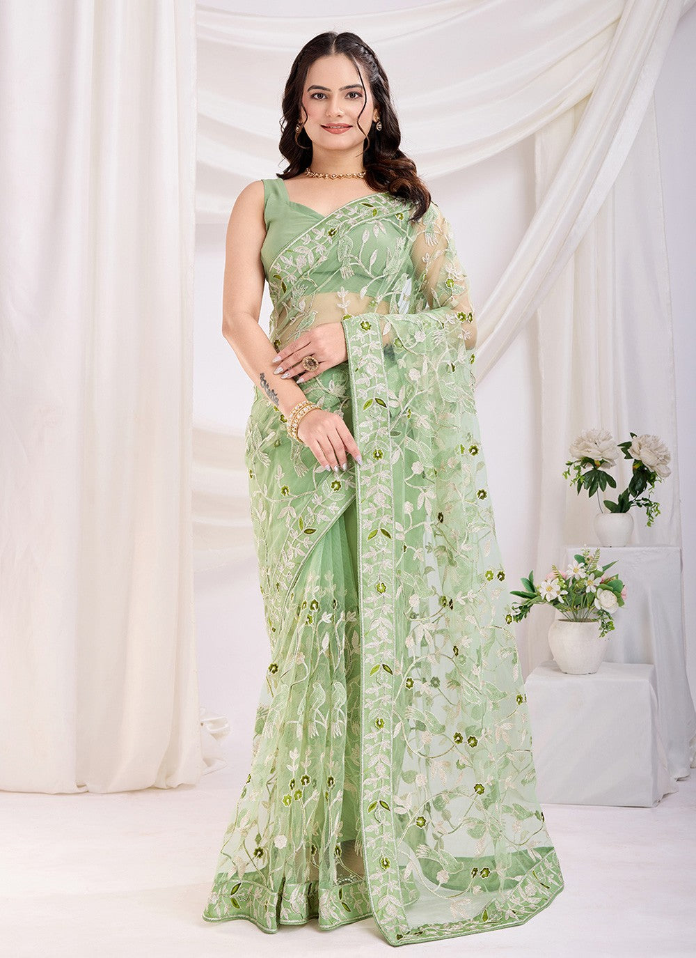Embroidered Net Green Saree S13802