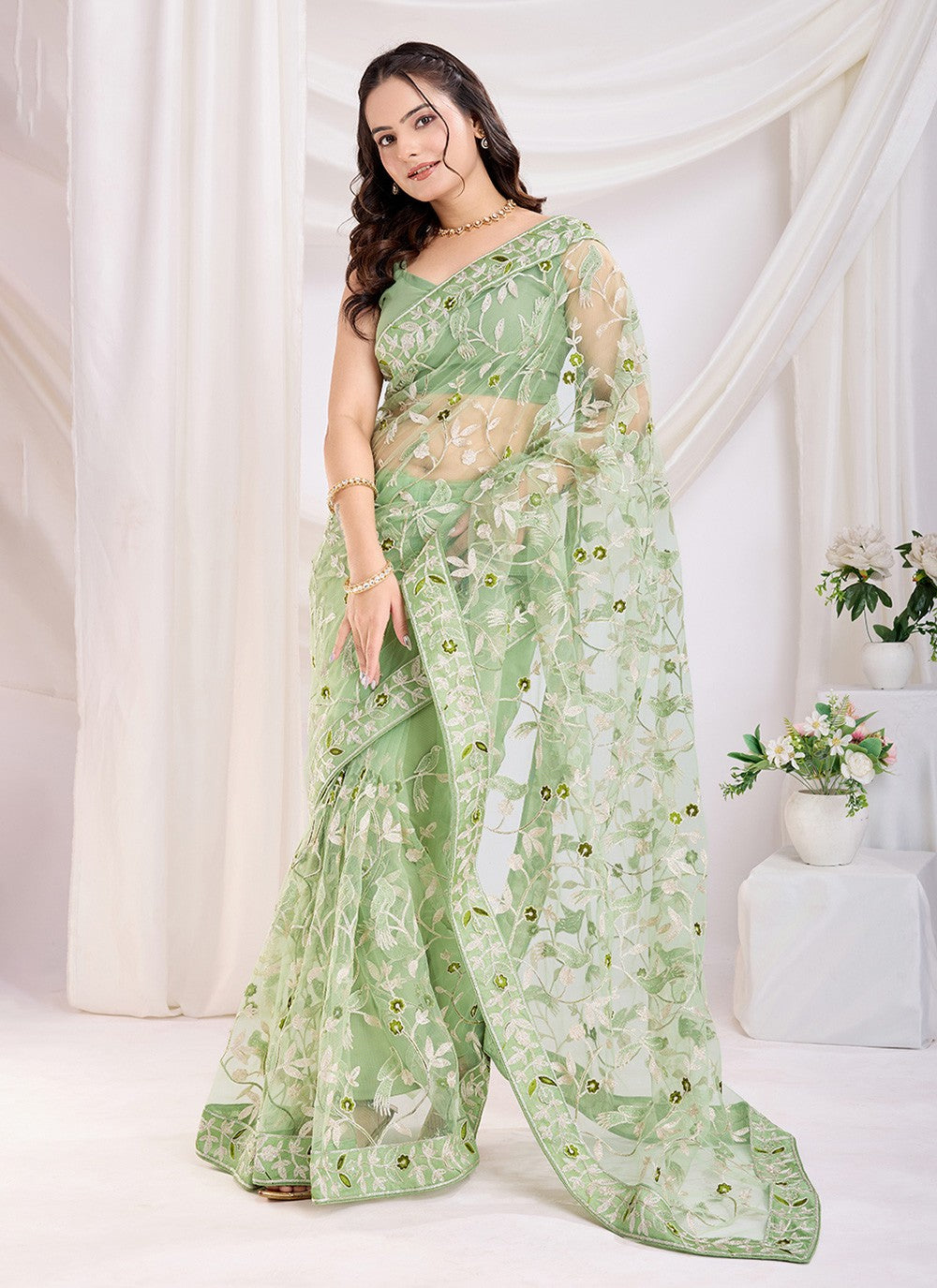 Embroidered Net Green Saree S13802