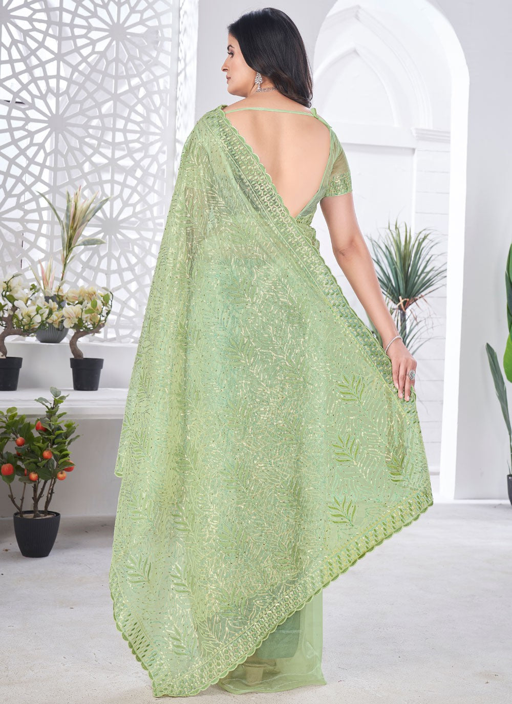Cut Work Net Green Contemporary Saree S15587