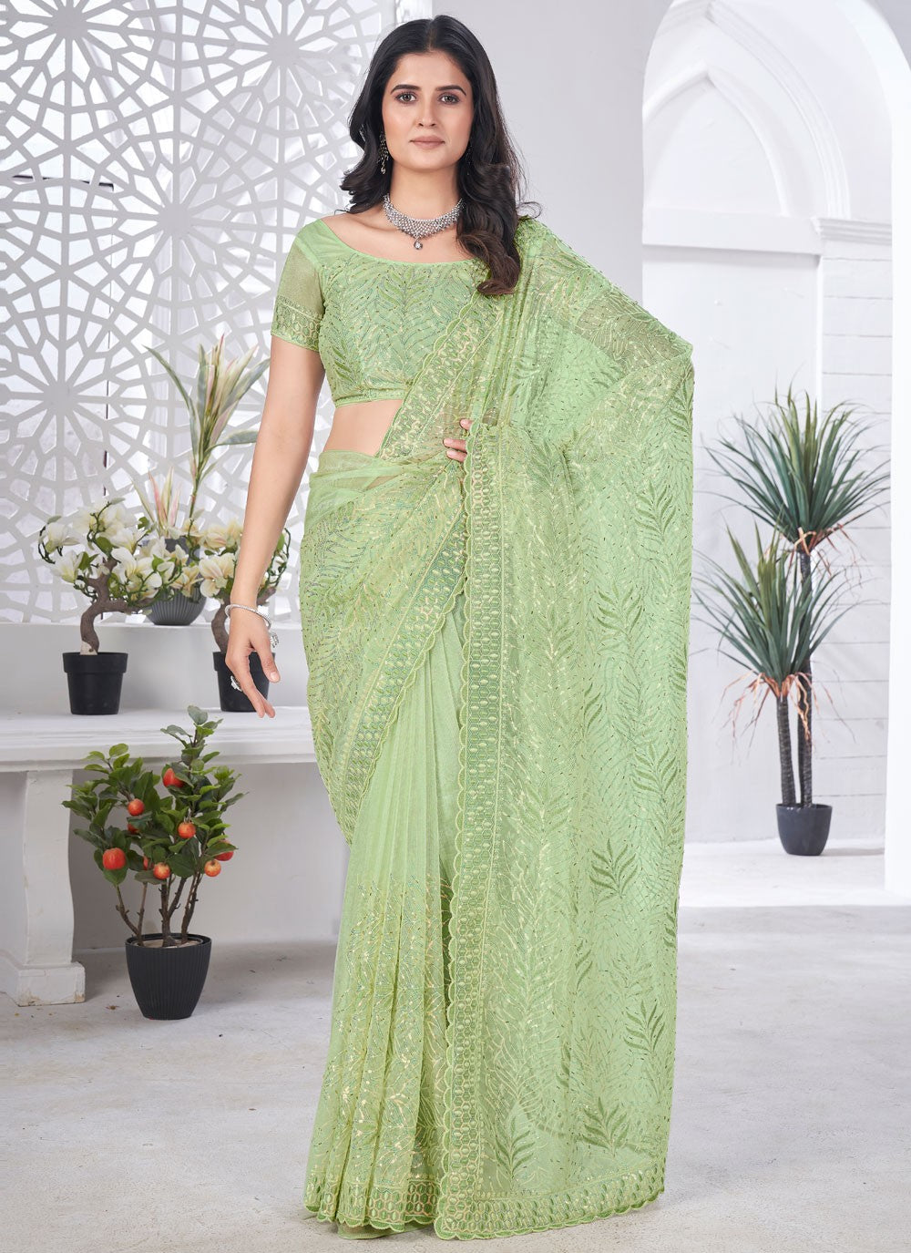 Cut Work Net Green Contemporary Saree S15587