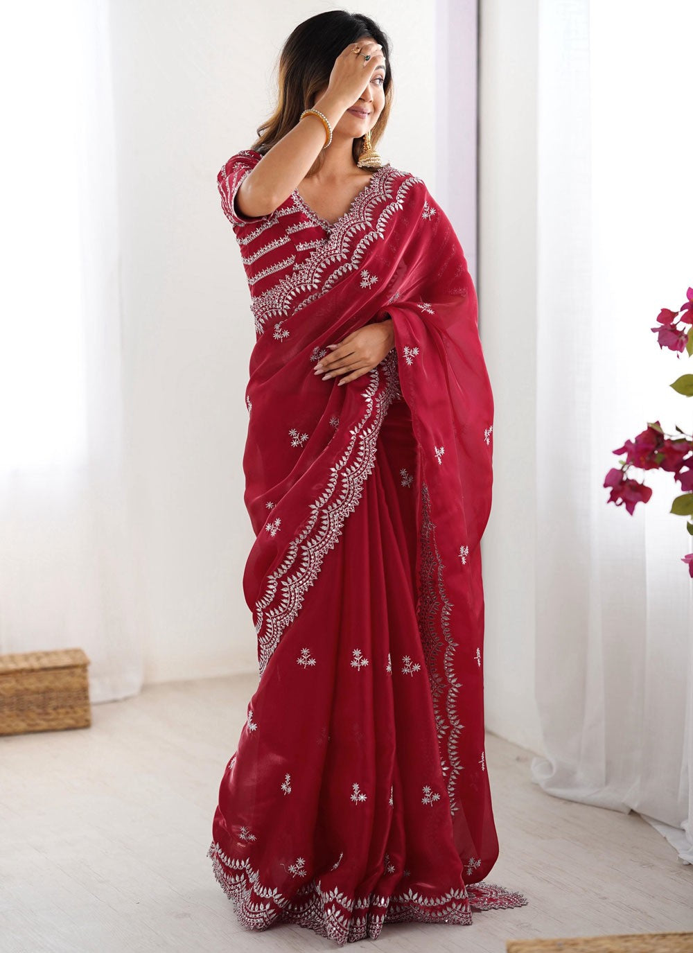 Red Jimmy Chu Designer Saree Sequins, Thread S15716