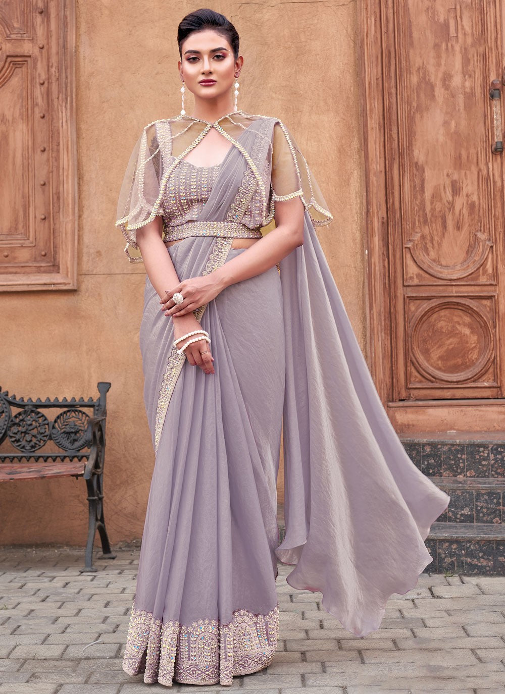 Moti Satin Silk Lavender Saree S14525