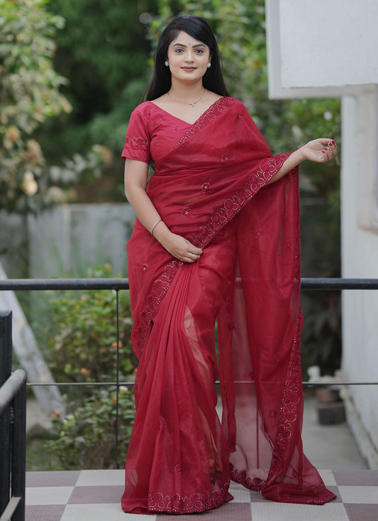 Maroon Net Trendy Saree Cut Work, Embroidered, Sequins, Thread S19146