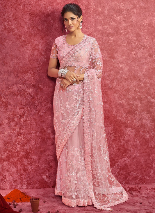 Pink Net Classic Saree Border Work, Cut Work, Embroidered, Sequins, Thread S19362