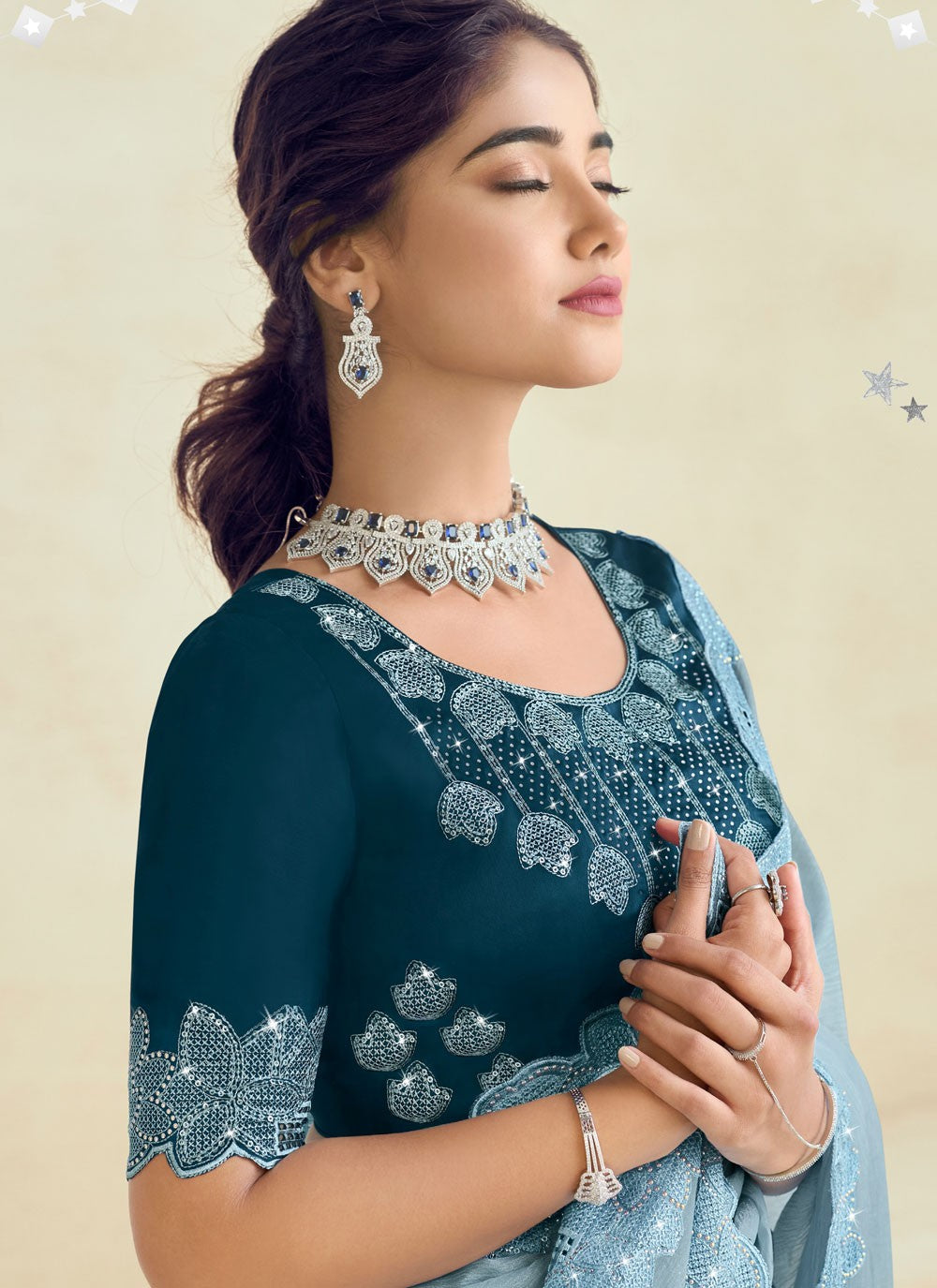Contemporary Fancy Work Blue Silk Saree S13139