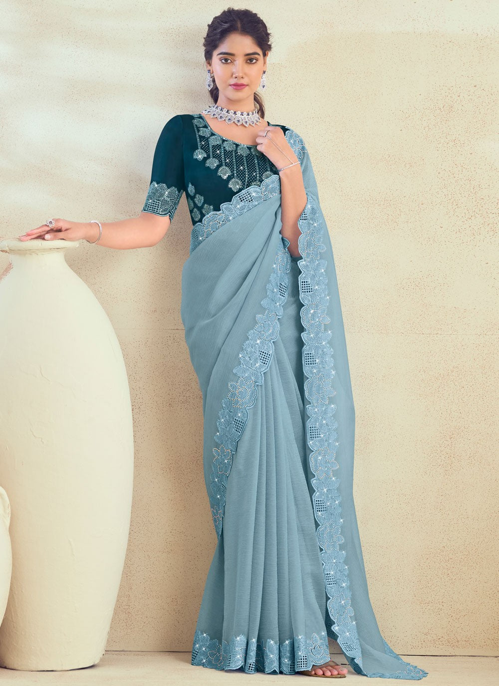 Contemporary Fancy Work Blue Silk Saree S13139