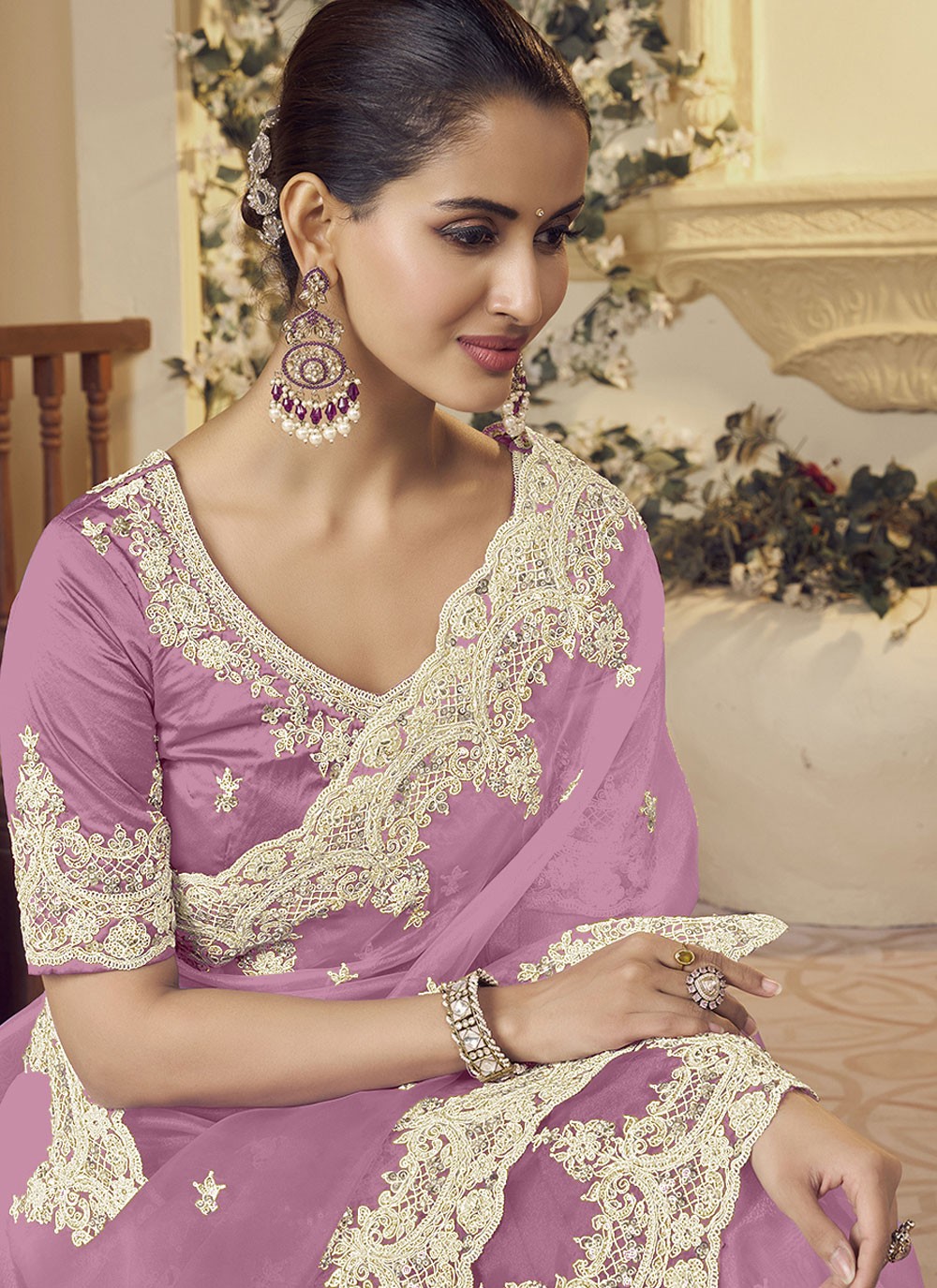 Contemporary Embroidered Pink, Purple Fancy Fabric S12376