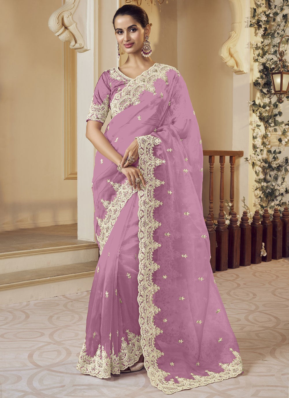 Contemporary Embroidered Pink, Purple Fancy Fabric S12376