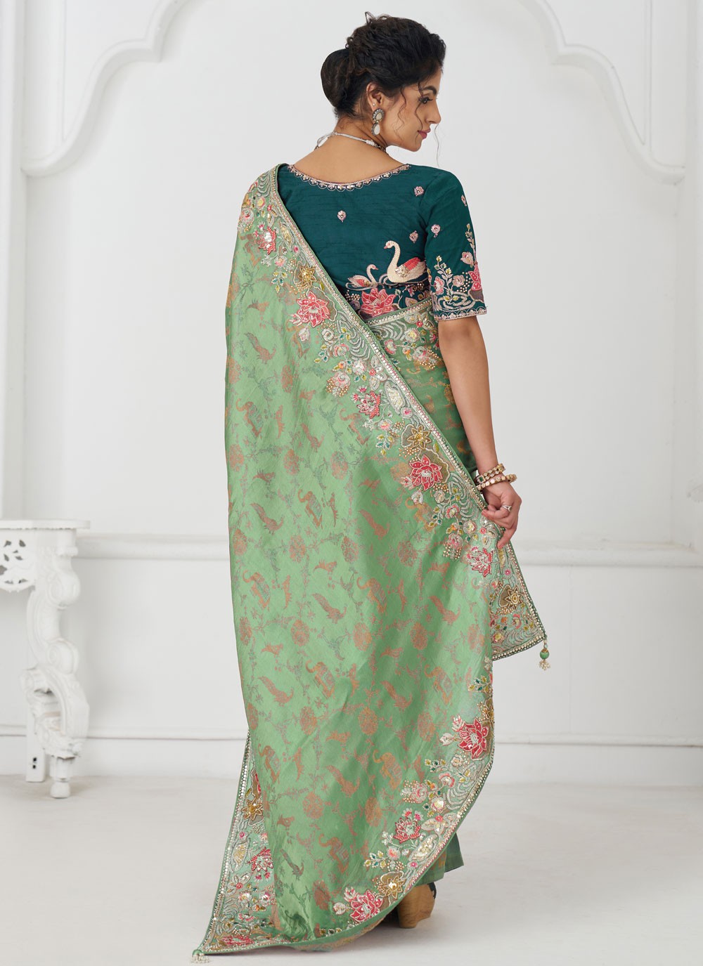 Embroidered Pure Dola Green Traditional Saree S15641