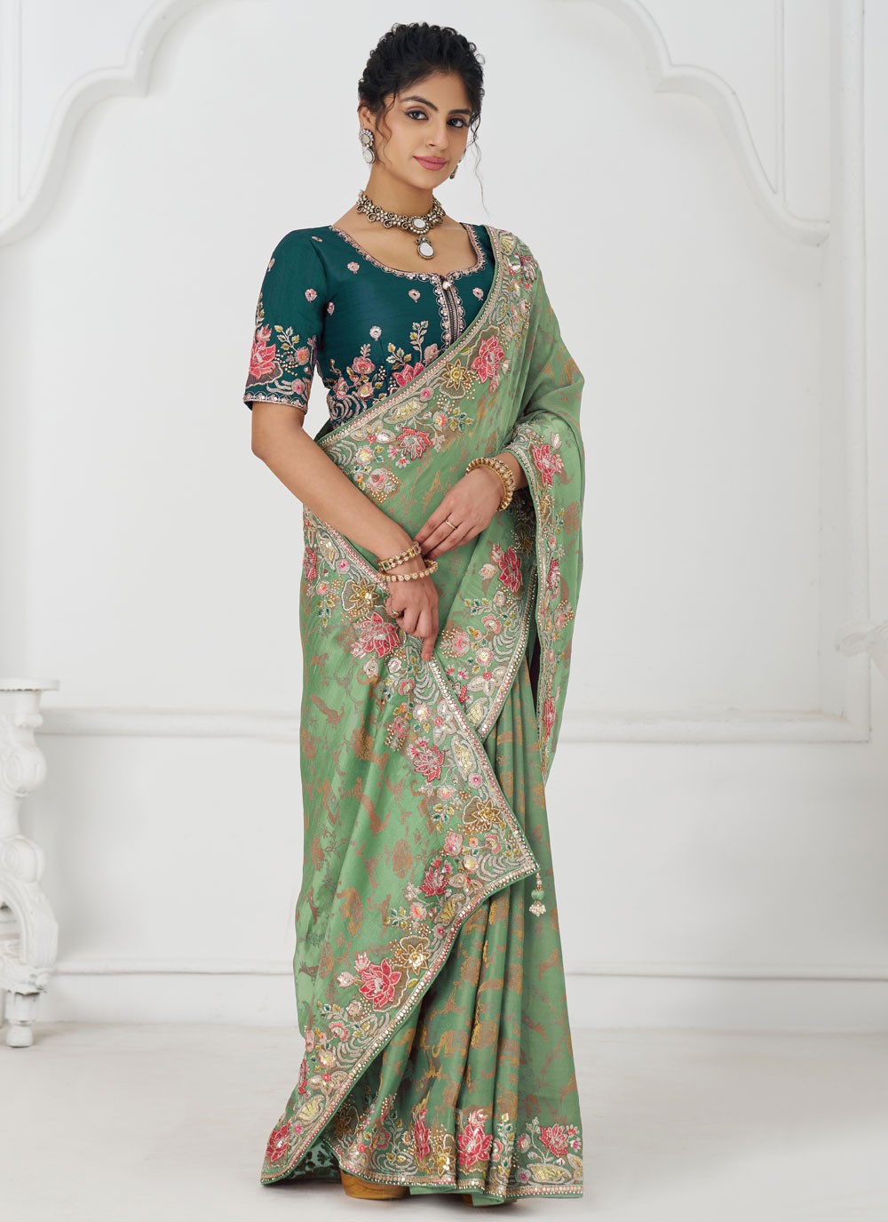 Embroidered Pure Dola Green Traditional Saree S15641