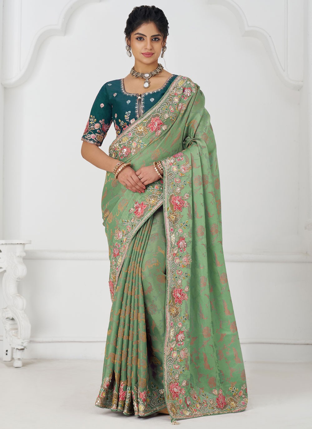Embroidered Pure Dola Green Traditional Saree S15641
