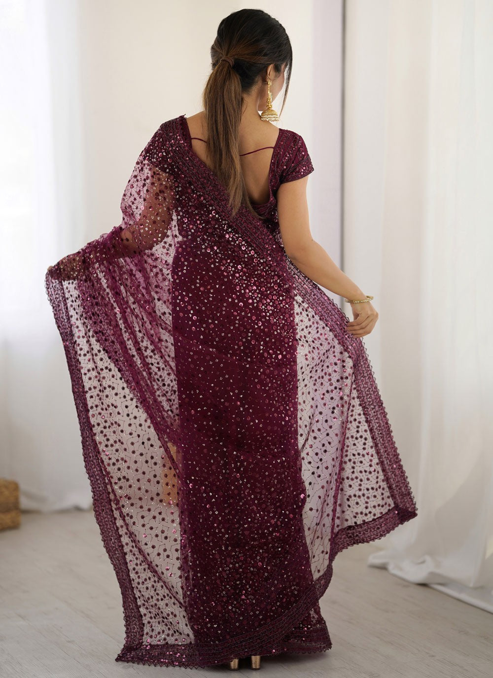 Purple Net Contemporary Saree Sequins, Thread S16669