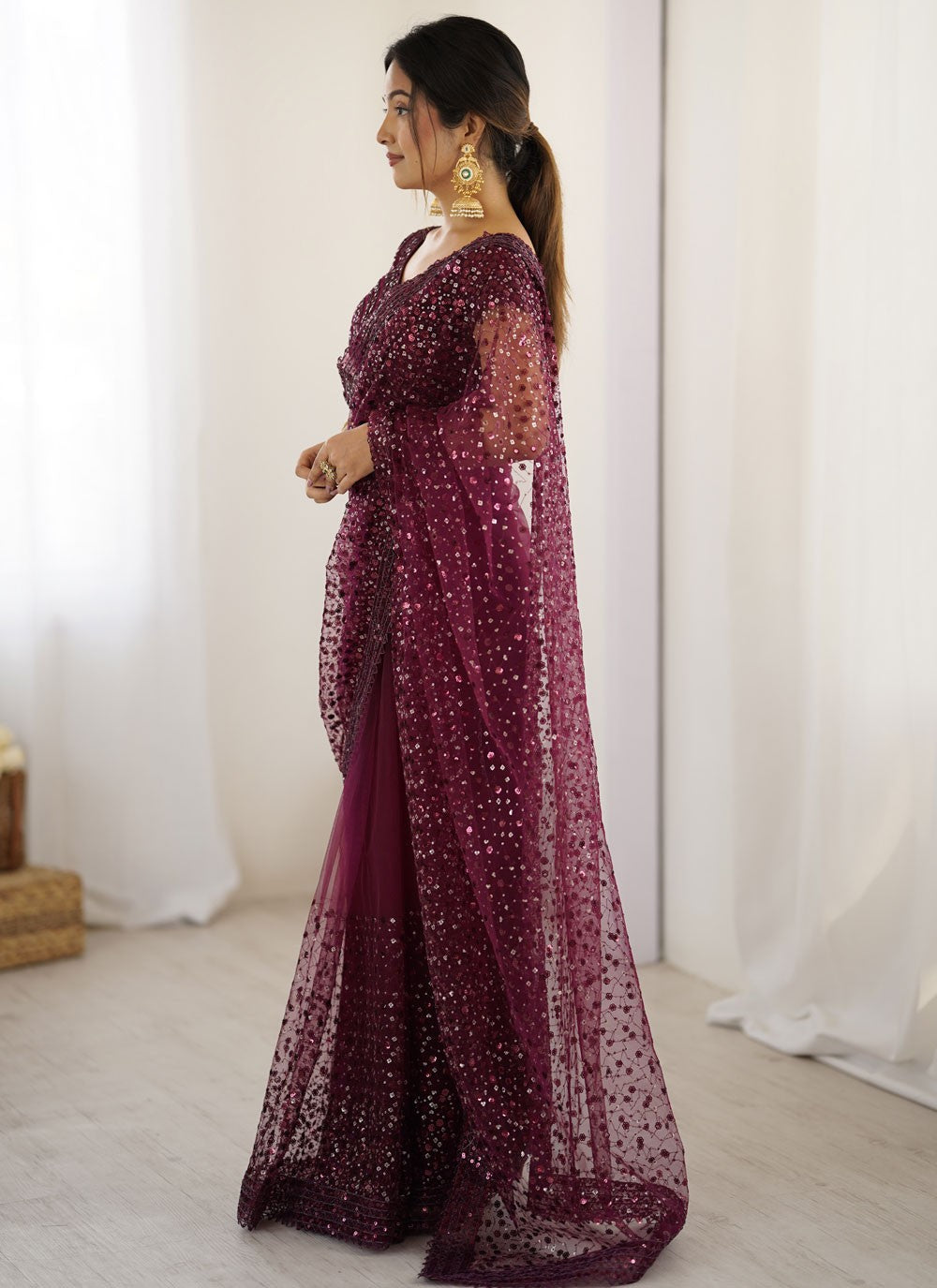 Purple Net Contemporary Saree Sequins, Thread S16669