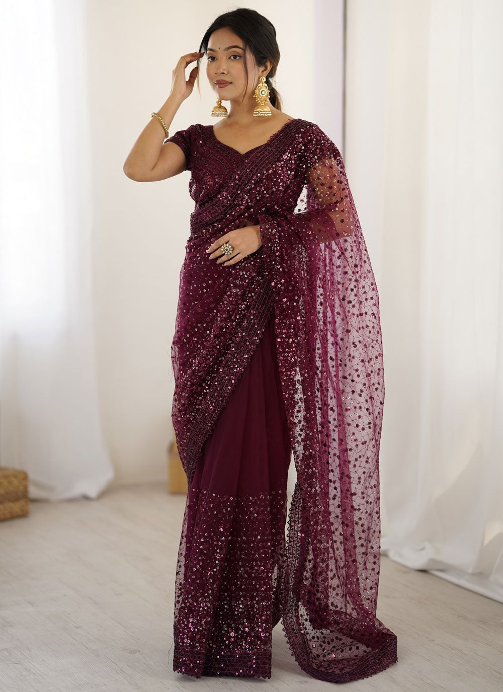 Purple Net Contemporary Saree Sequins, Thread S16669