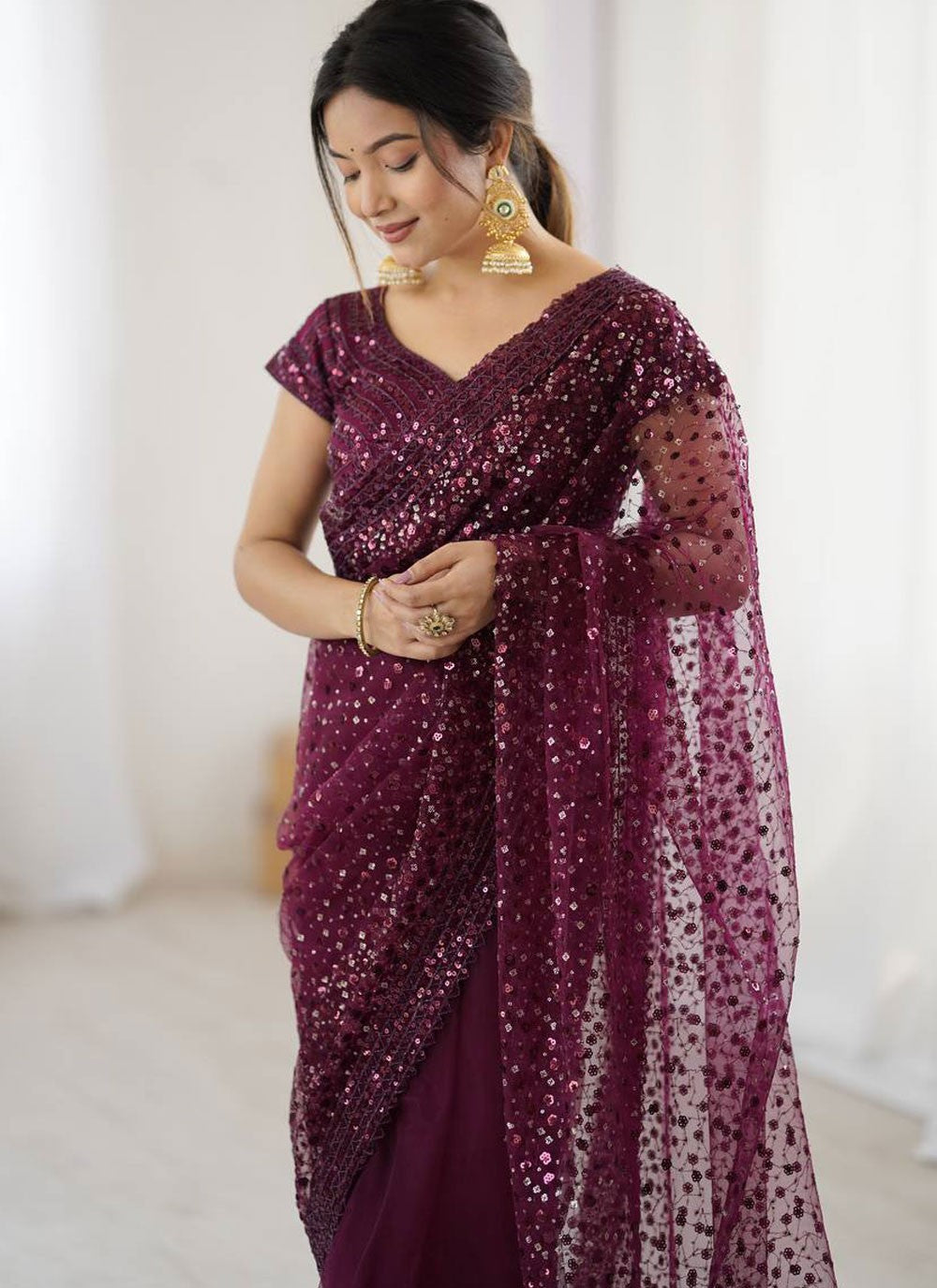 Purple Net Contemporary Saree Sequins, Thread S16669