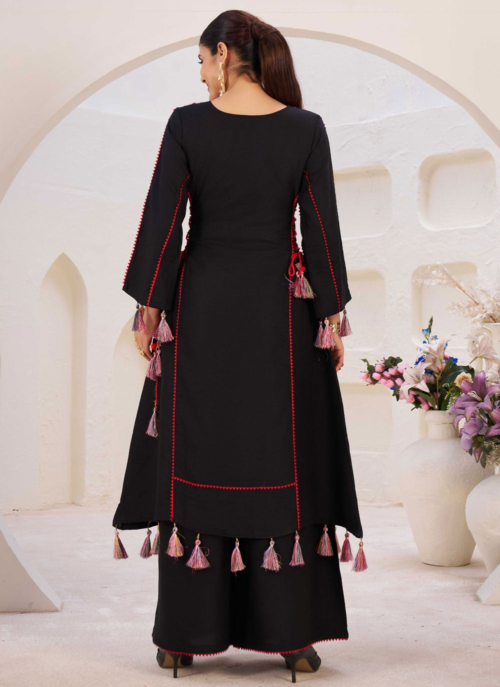 Palazzo Suit Embroidered, Mirror, Thread Black T7743