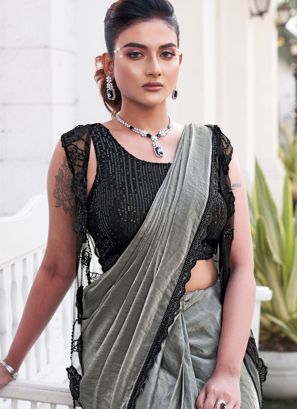 Contemporary Beads Silver Satin Silk Saree S13377
