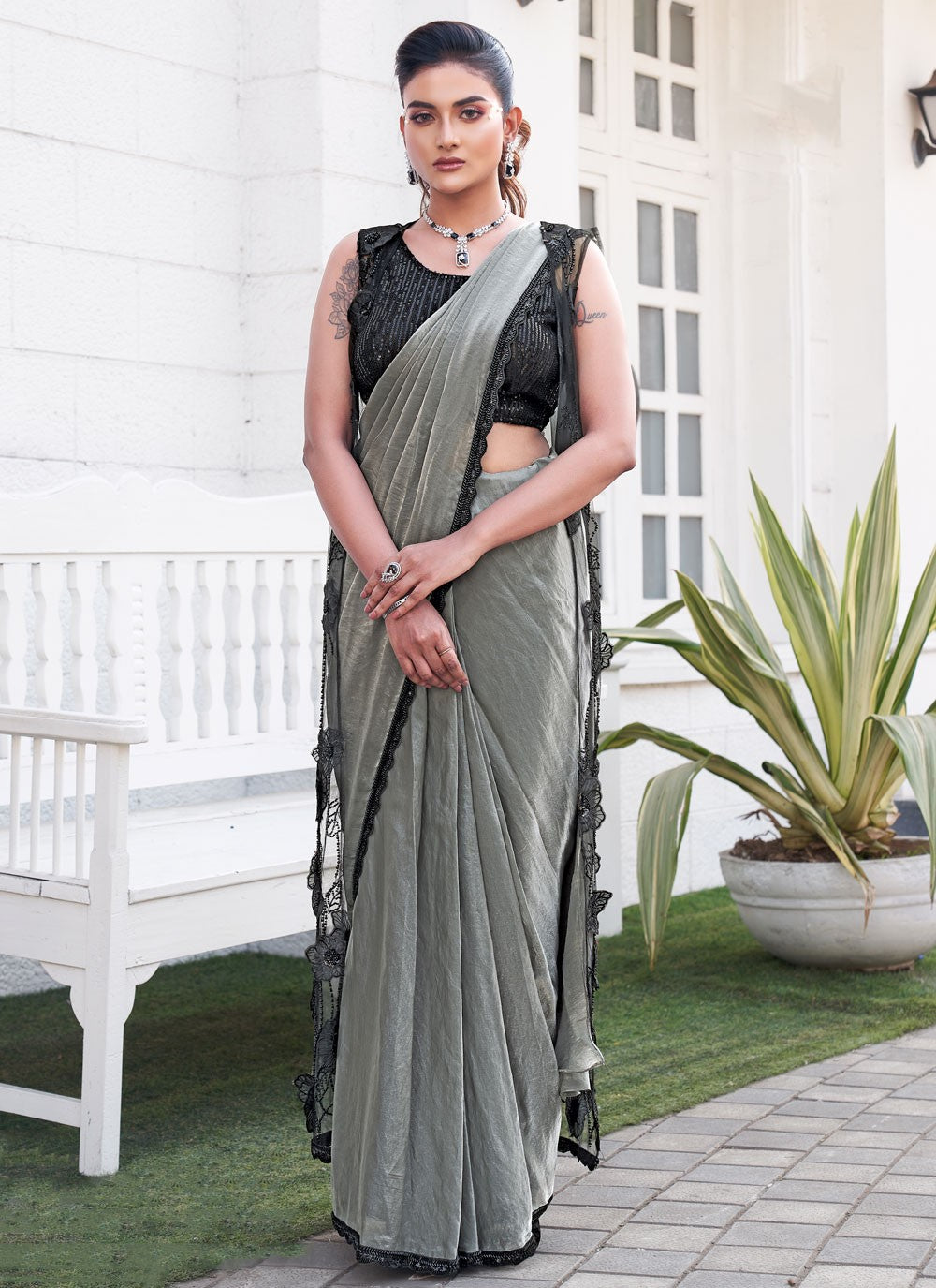 Contemporary Beads Silver Satin Silk Saree S13377