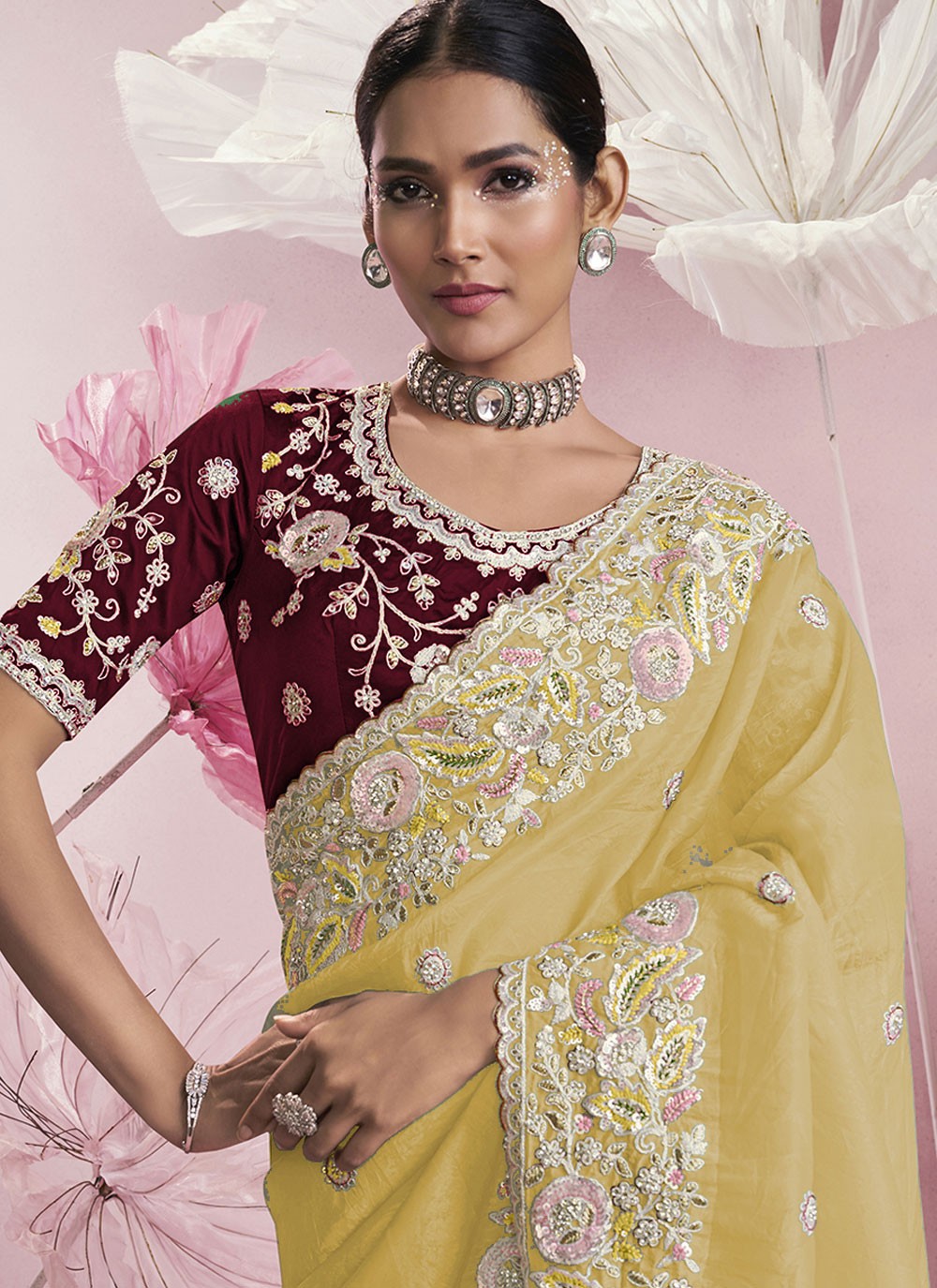 Embroidered Silk Yellow Saree S13908