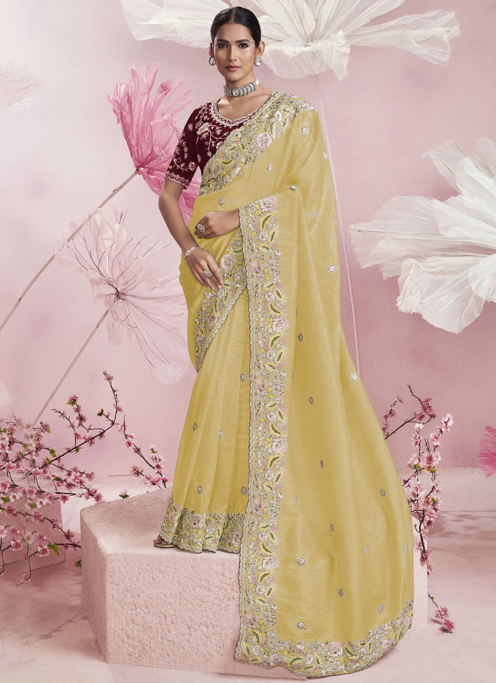 Embroidered Silk Yellow Saree S13908
