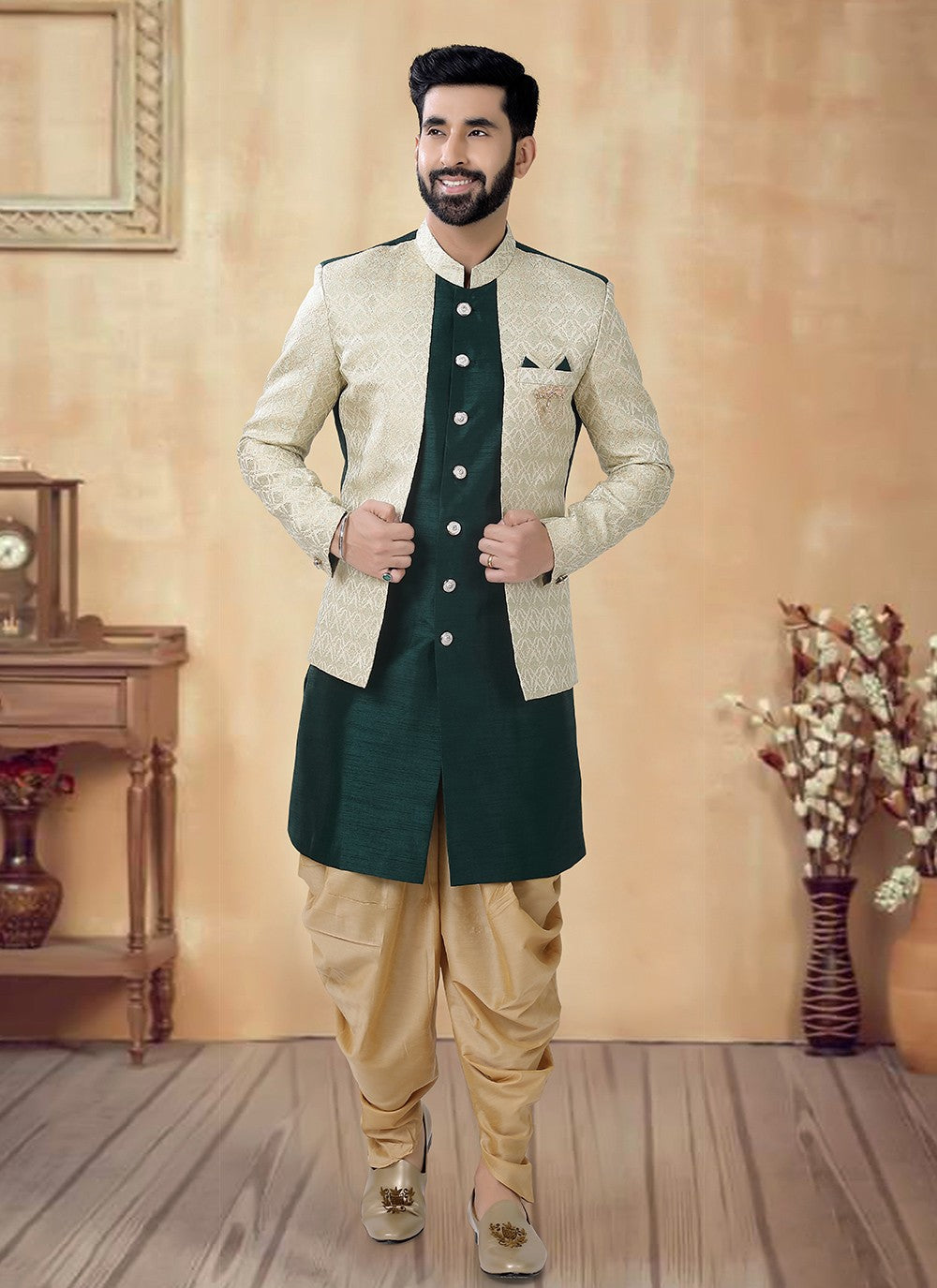 Embroidered Silk Green Sherwani - M8512
