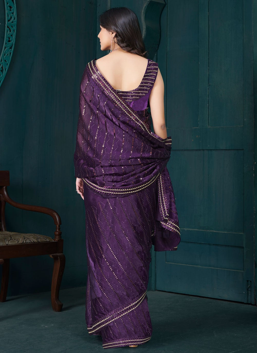 Sequins Organza Purple Traditional Saree S15206