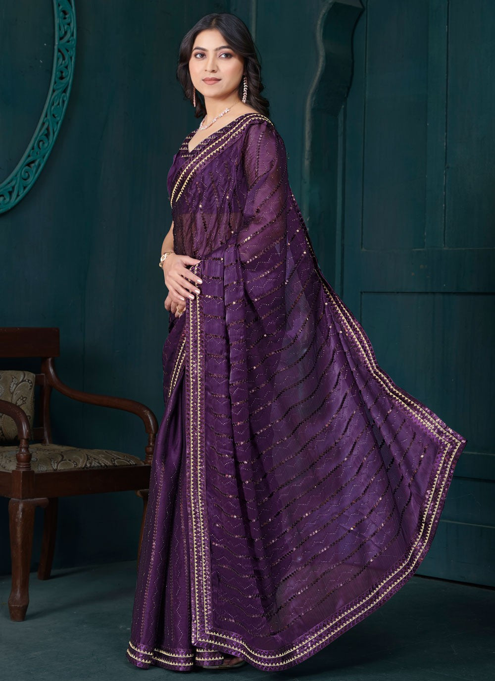 Sequins Organza Purple Traditional Saree S15206